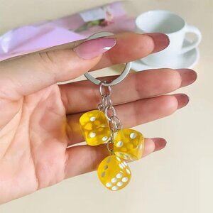 Yellow Lucky Dice Keychain with 3 Dice Charms Fun Novelty Gift for Gamers & Cars